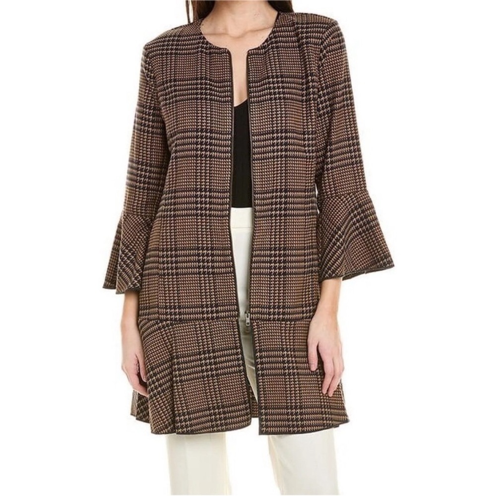 Cabi Flounce tan brown black houndstooth tartan plaid zip jacket Small #3902
